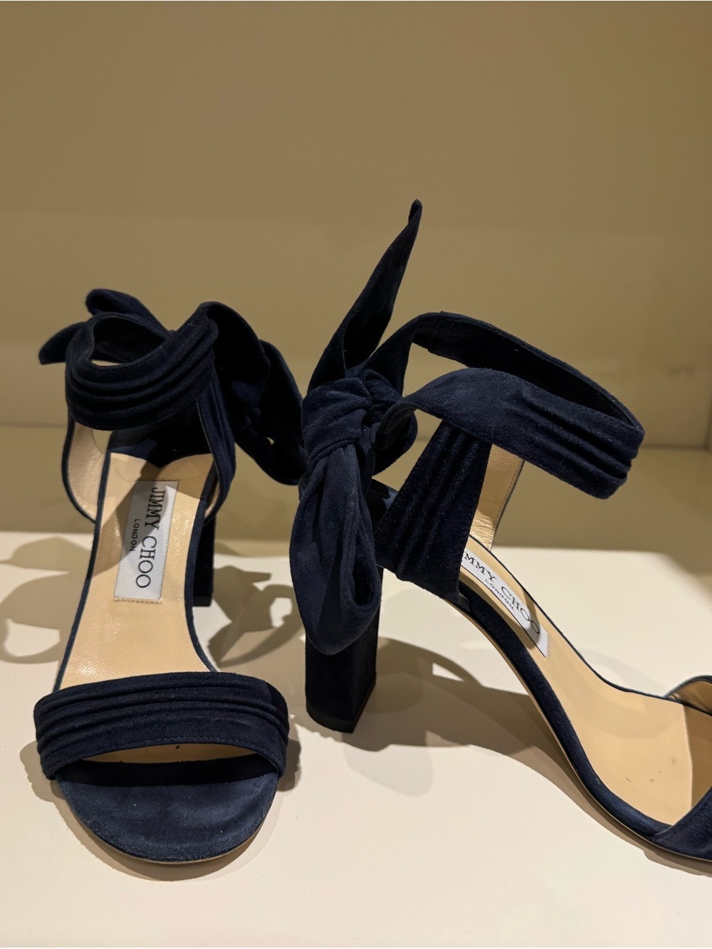 Jimmy Choo Navy Suede Knot Ankle-Tie Block Heels
